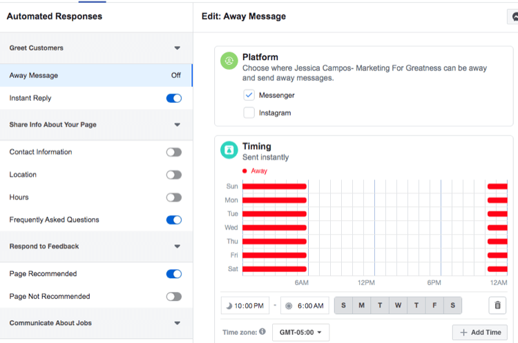 zrzut ekranu ustawień czasu automatycznej odpowiedzi na wiadomość z Facebook Messenger