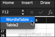 wybierz nazwę tabeli w programie Excel