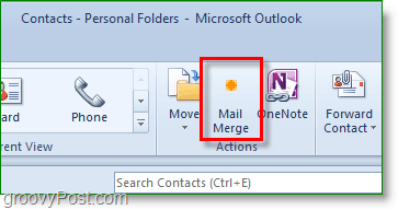 Zrzut ekranu programu Outlook 2010 — kliknij korespondencję seryjną