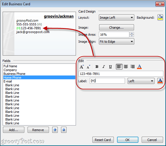 Formatuj pola w wizytówce vCard w programie Outlook 2010