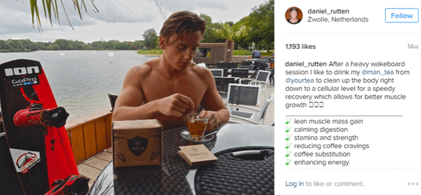Sportowiec Daniel Rutten pozuje z Man Tea i podkreśla korzyści dla swoich obserwatorów na Instagramie.