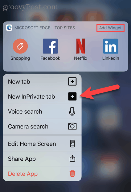 Wybierz nową kartę InPrivate z ikony Edge w iOS