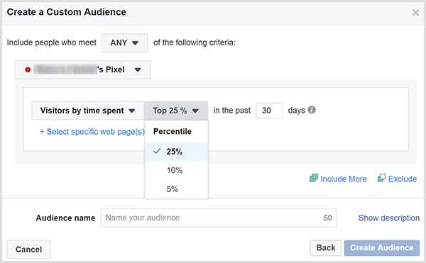 Okno dialogowe Facebook Create a Custom Audience zawiera opcje kierowania reklam do klientów, którzy spędzili najwięcej czasu w Twojej witrynie.