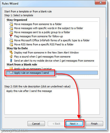 zastosuj regułę do wiadomości wysyłanych w programie Outlook 2010