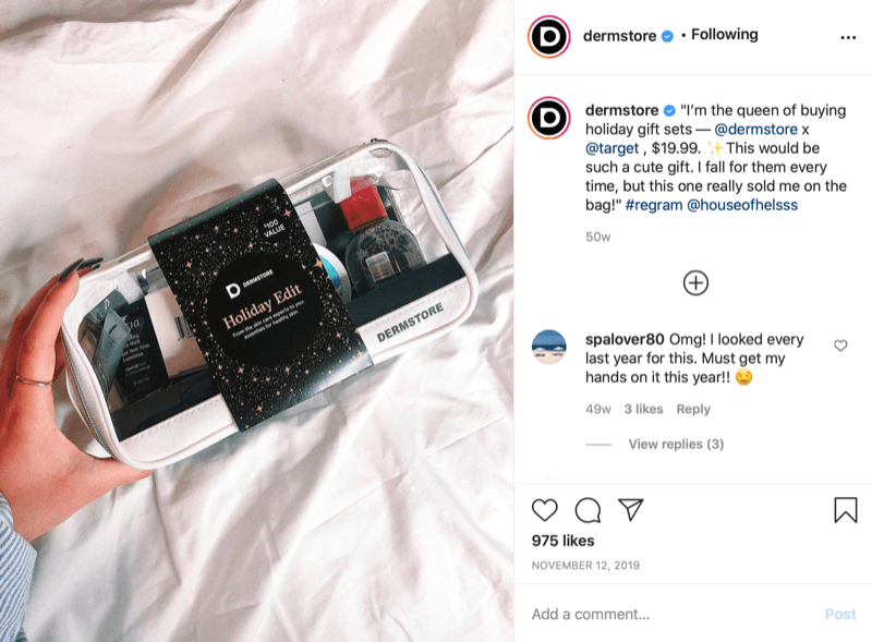 przykład prezentu sezonowego @dermstore znalezionego i udostępnionego za pośrednictwem posta na Instagramie z odnotowaniem ceny sprzedaży i oznaczeniem @target, gdzie odbywa się sprzedaż