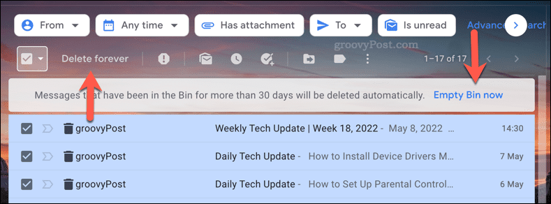 Opróżnianie folderu kosza w Gmailu