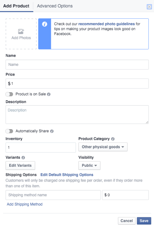 szczegóły produktu w sklepie facebook
