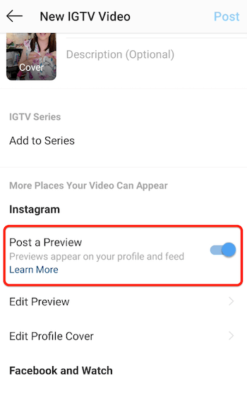 instagram igtv nowe opcje menu wideo z aktywowaną opcją podglądu postu
