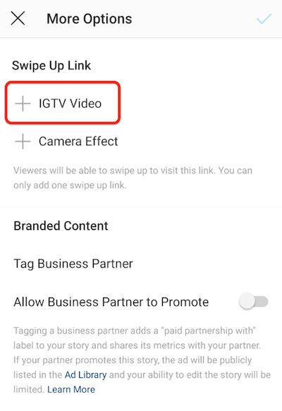 opcje menu instagram, aby dodać łącze przesuwania w górę z podświetloną opcją wideo IGTV