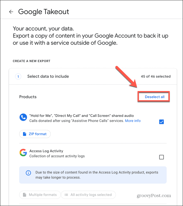 odznacz google takeout