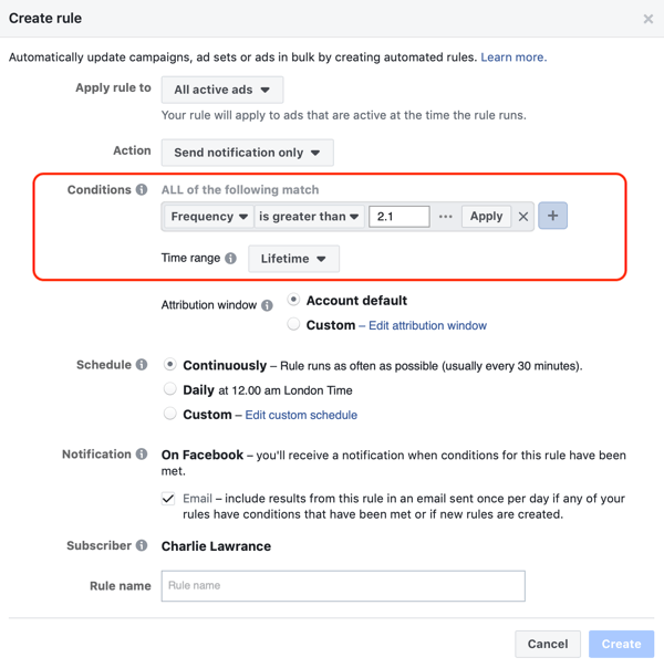 Użyj automatycznych reguł Facebooka, powiadomienia, gdy częstotliwość reklam powyżej 2.1, krok 2, ustawienia warunków
