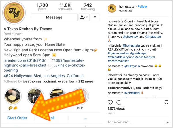 przykład postu biznesowego na Instagramie, który pokazuje użytkownikom, jak używać przycisku akcji Rozpocznij zamówienie