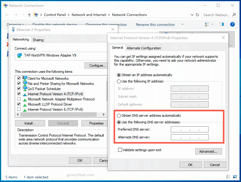 Okno ustawień DNS dla połączenia sieciowego w systemie Windows 10