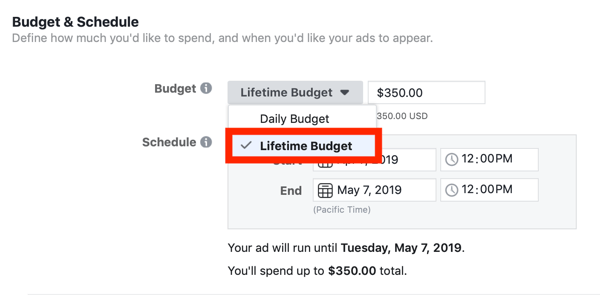 Wskazówki, jak obniżyć koszty reklam na Facebooku, opcja ustawienia budżetu kampanii na budżet dożywotni