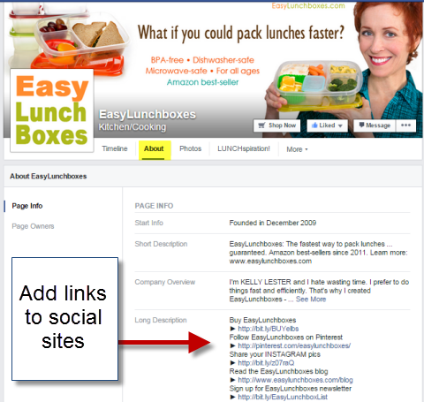 linki społecznościowe w sekcji o prostym pudełku śniadaniowym na Facebooku