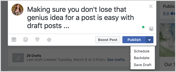 Zapisz swój post na Facebooku jako wersję roboczą.