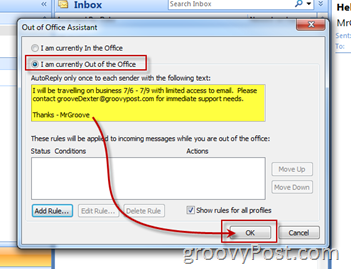 Włącz Włącz automatyczną odpowiedź Asystenta Poza biurem w programie Microsoft Outlook