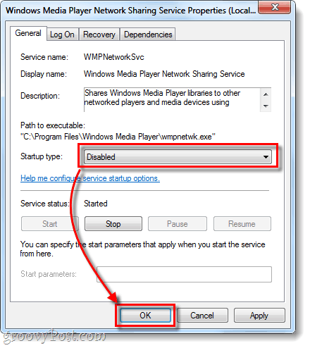 wyłączony typ uruchamiania Windows Media Player