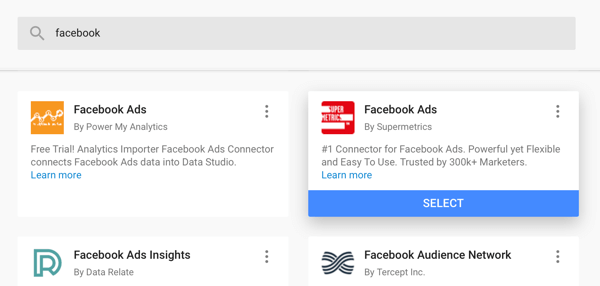 Użyj Google Data Studio, aby przeanalizować swoje reklamy na Facebooku, krok 4, opcja korzystania z łącznika Facebook Ads firmy Supermetrics jako źródła danych