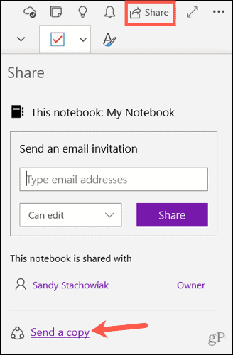 Wyślij kopię notatki w programie OneNote dla systemu Windows 10