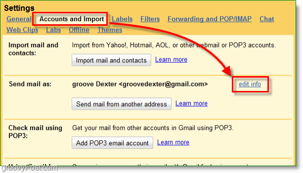 kliknij swoje konta pocztowe Google i przycisk importu, a następnie edytuj informacje