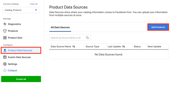 Skorzystaj z narzędzia konfiguracji wydarzeń na Facebooku, krok 22, opcja menu, aby dodać produkty za pośrednictwem karty źródeł danych produktów na Facebooku
