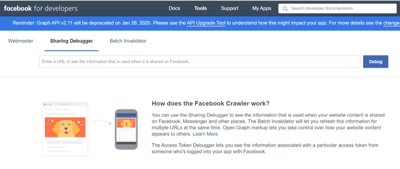 krok 1, jak korzystać z narzędzia Facebook Sharing Debugger