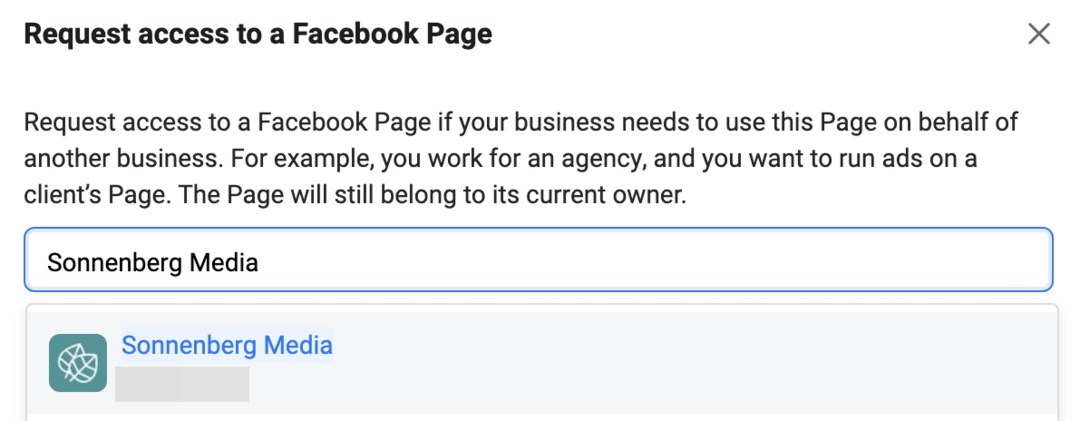 obraz ekranu żądania dostępu do strony na Facebooku w Meta Business Manager