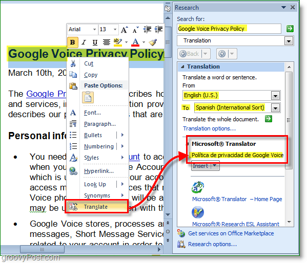Office 2010 może również tłumaczyć pojedyncze słowa i ustawienia