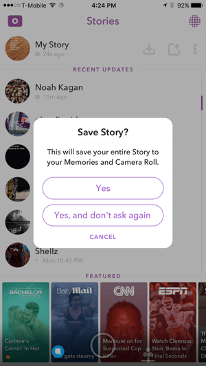 Stuknij Tak, aby zapisać swoją historię Snapchata.