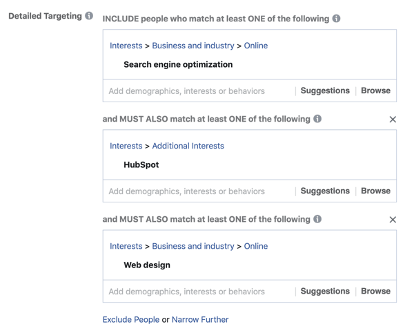 Przykład dodania trzeciej warstwy wyników do zainteresowań odbiorców reklam na Facebooku za pomocą drugiego MUSI TAKŻE pole dopasowania.