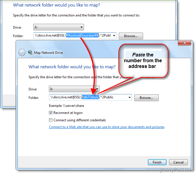 wklej swój identyfikator Windows Live na dysk sieciowy z mapą