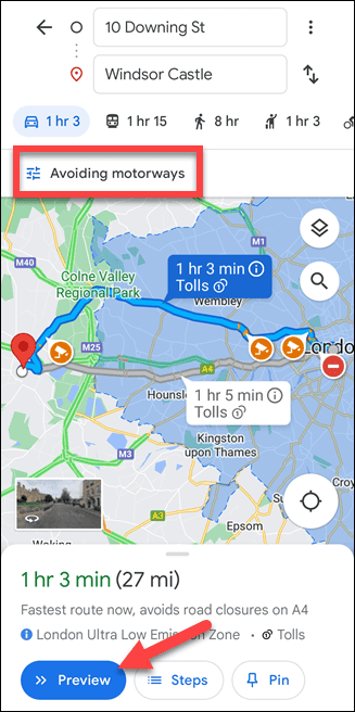 Trasa mobilna w Mapach Google bez autostrad