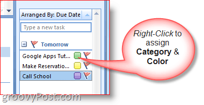 Pasek zadań do wykonania w programie Outlook 2007 — kliknij prawym przyciskiem myszy zadanie, aby wybrać kolory i kategorię