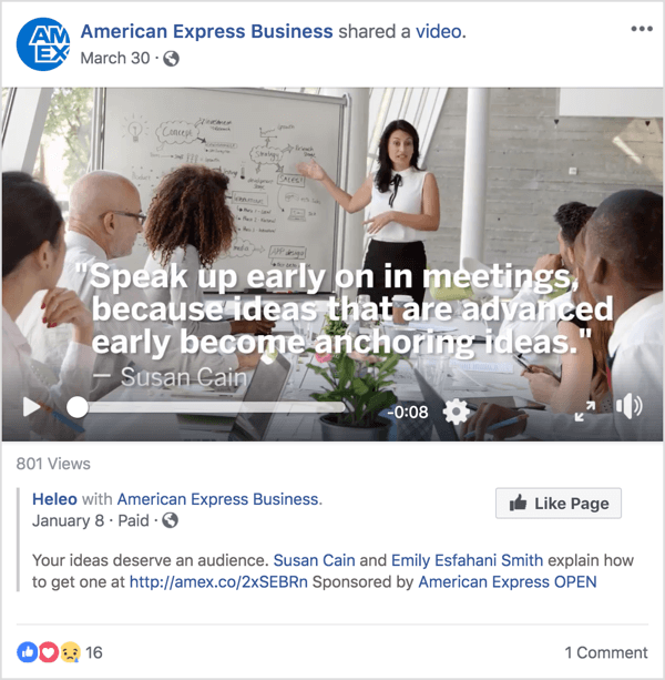 Ta reklama na Facebooku dla American Express Business przedstawia Susan Cain, znaną ekspertkę w dziedzinie przywództwa i zarządzania, która zyskała sławę dzięki niedawnemu wykładowi TED.