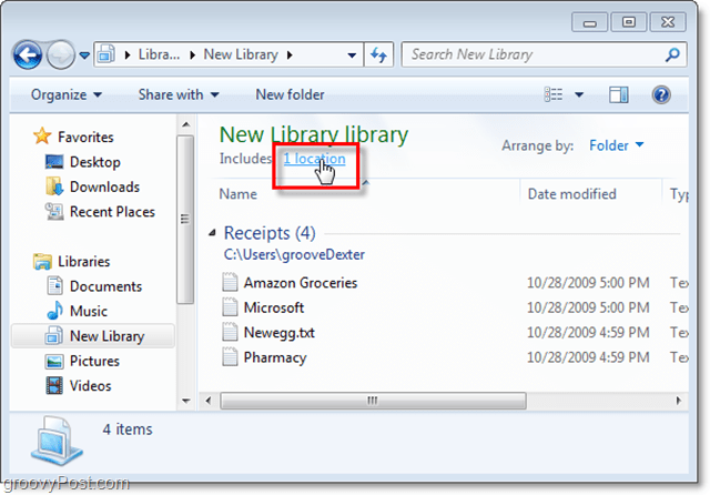 naciśnij link lokalizacji, aby ustawić dodawanie nowych lokalizacji do biblioteki systemu Windows