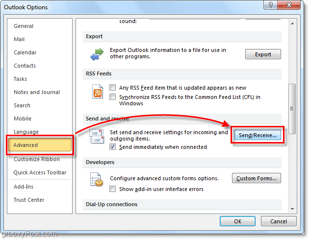zaawansowane opcje wysyłania i odbierania w programie Outlook 2010