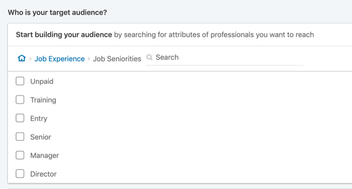 kierować reklamy na LinkedIn według stażu pracy