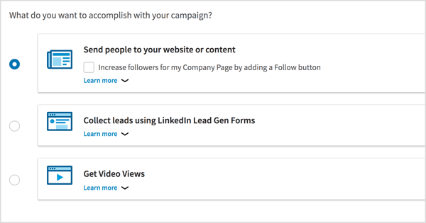 Wybierz cel kampanii dla swojej kampanii reklam wideo na LinkedIn.