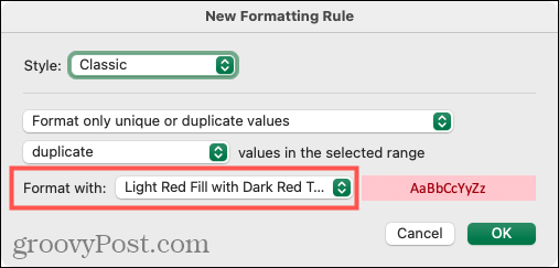 Wybierz Formatowanie duplikatów w programie Excel na komputerze Mac