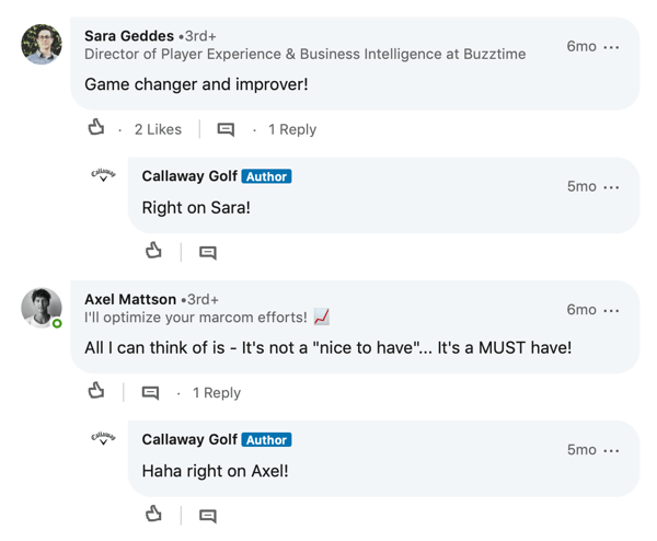Komentarze członków LinkedIn dotyczące wpisu Callaway Golf