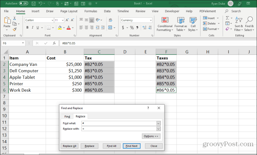 wyszukaj i zamień formułę w Excelu
