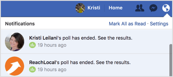 Powiadomienie o wynikach ankiety na Facebooku