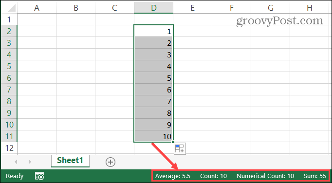 Pasek stanu programu Excel dla wybranych komórek