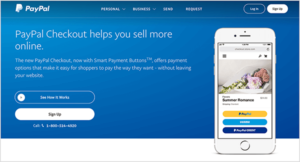 To jest zrzut ekranu strony internetowej usługi PayPal Checkout. Ma niebieskie tło i biały tekst. Nagłówek brzmi „PayPal Checkout pomaga zwiększyć sprzedaż online”. Pod nagłówkiem pojawią się dwa przyciski: niebieski z napisem Zobacz, jak to działa Works i biały z napisem Zarejestruj się. Po prawej stronie znajduje się zdjęcie smartfona z funkcją PayPal Checkout na telefonie komórkowym stronie internetowej.
