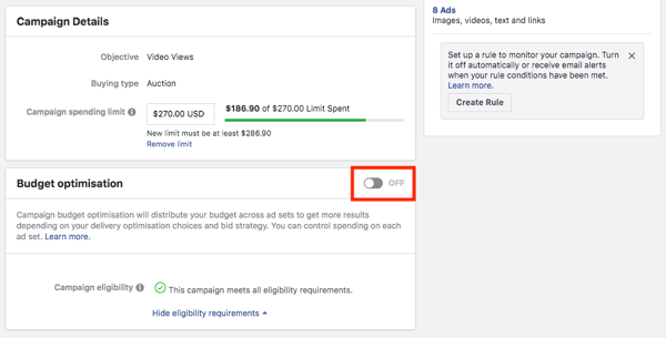 Opcja optymalizacji budżetu kampanii na Facebooku.