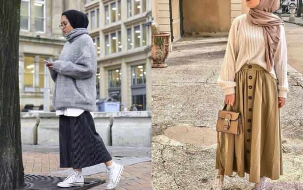 Kombinacje spódnic i swetrów Hidżab Instagram
