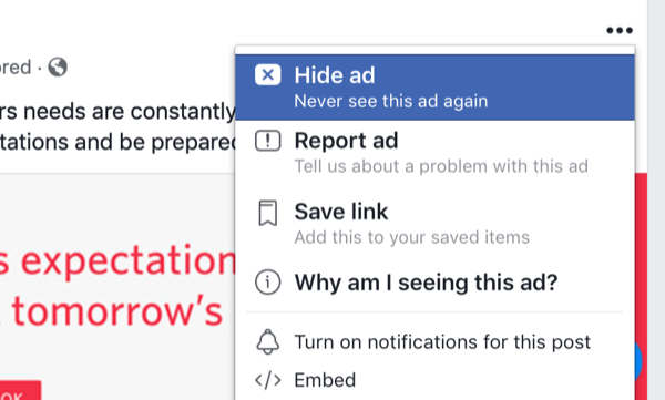 opcje ukrywania reklam Facebooka w kanale