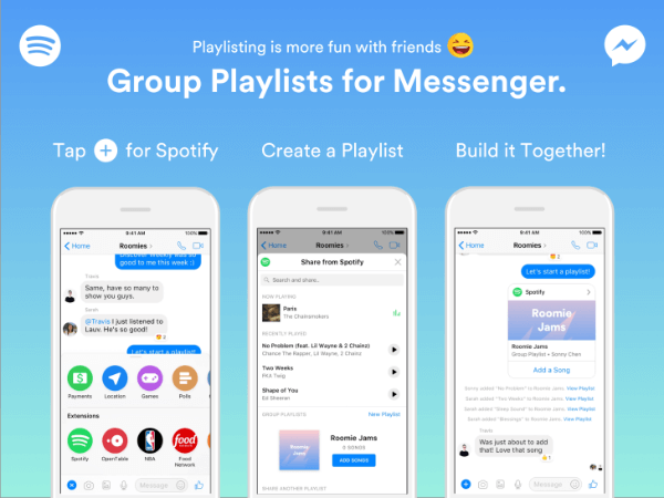Spotify rozszerzył funkcjonalność swojego bota Messengera, aby umożliwić grupom tworzenie list odtwarzania bezpośrednio z aplikacji Messenger.