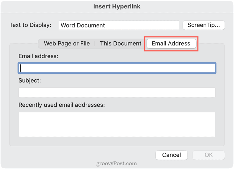 Łącze do wiadomości e-mail w programie Word na komputerze Mac